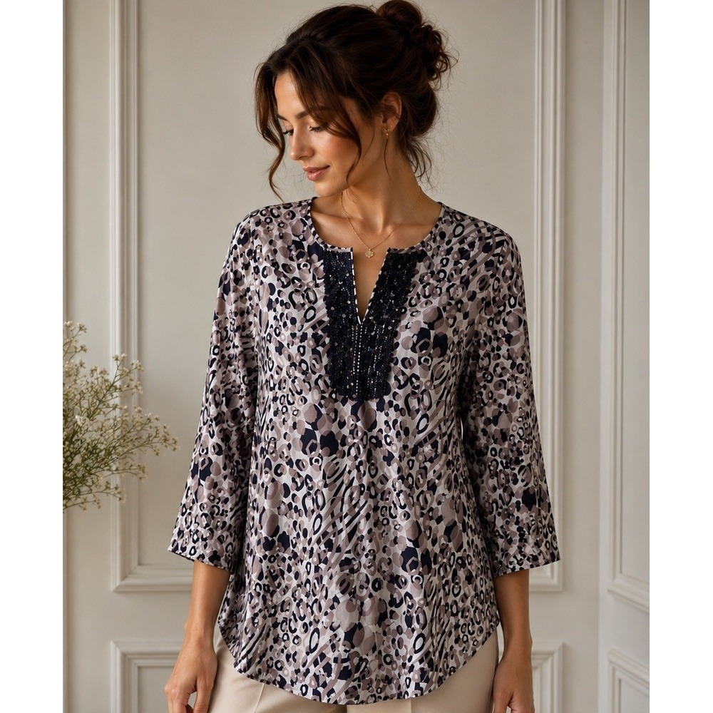 Mercer & Madison Womens Linen Sequin Abstract Leopard Top White Taupe Black XL